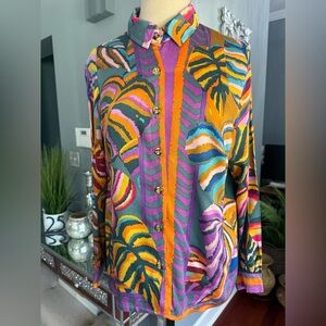 Rose & Thyme and Orange Casual Button Down Shirt with Tropical Leaf Design